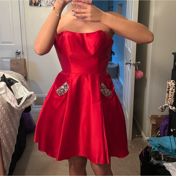 Dresses & Skirts - Strapless Red Dress with Embellished Pockets